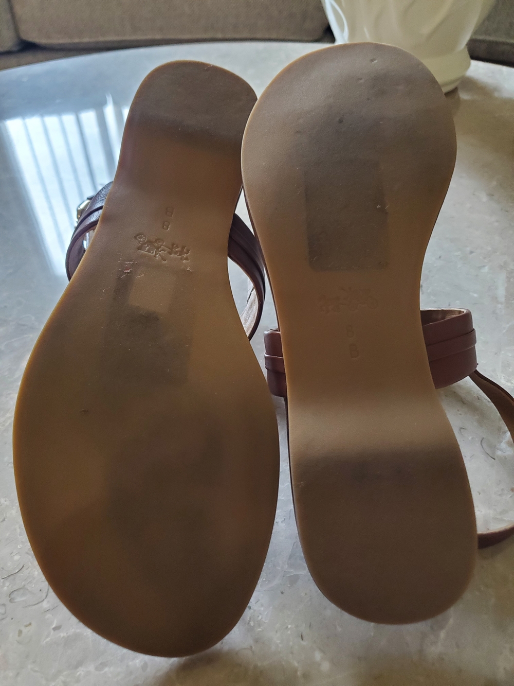 COACH Brown Leather T-Strap Sandals with Gold Accent - Picture 7 of 7